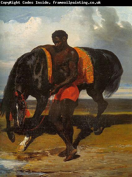 Alfred Dedreux Africain tenant un cheval au bord d'une mer